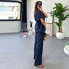 Spot 2024 summer new European and American Amazon cross-border women's casual drawstring top versatile trousers two-piece set
