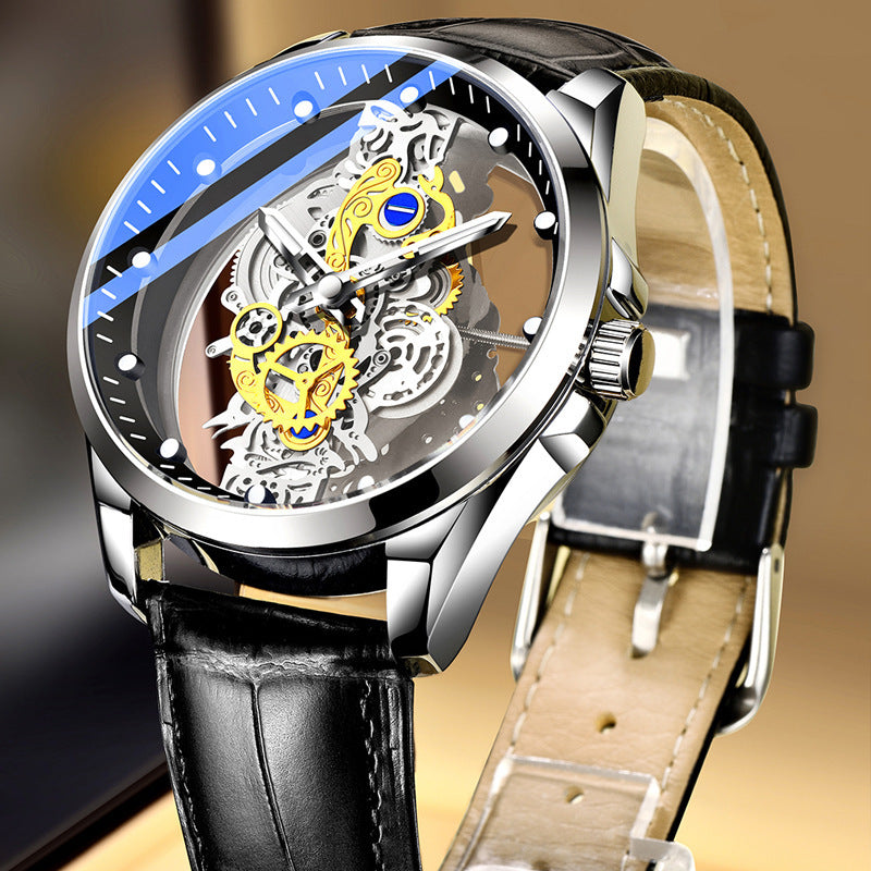 Men's Silver Skeleton Dial Quartz Watch - Steel Strap