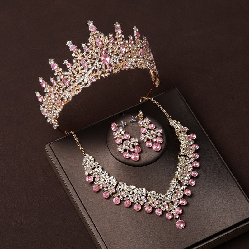 Crown headpiece necklace earrings champagne vintage pink diamond birthday crown hair accessories bride wedding dress three-piece set