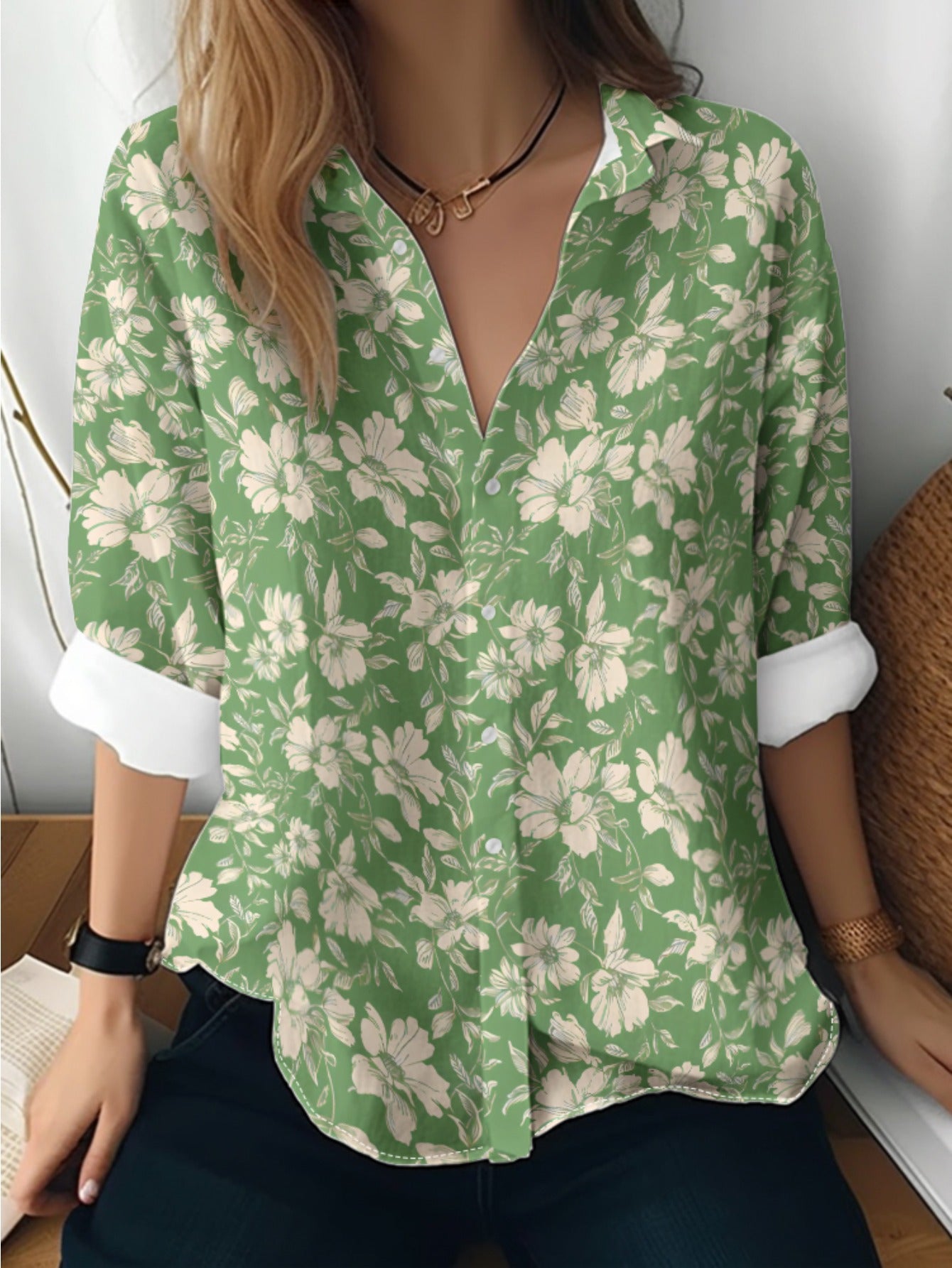 Cat cross-border Amazon European and American women's 3D printed floral pattern long-sleeved shirt women's fashion tops