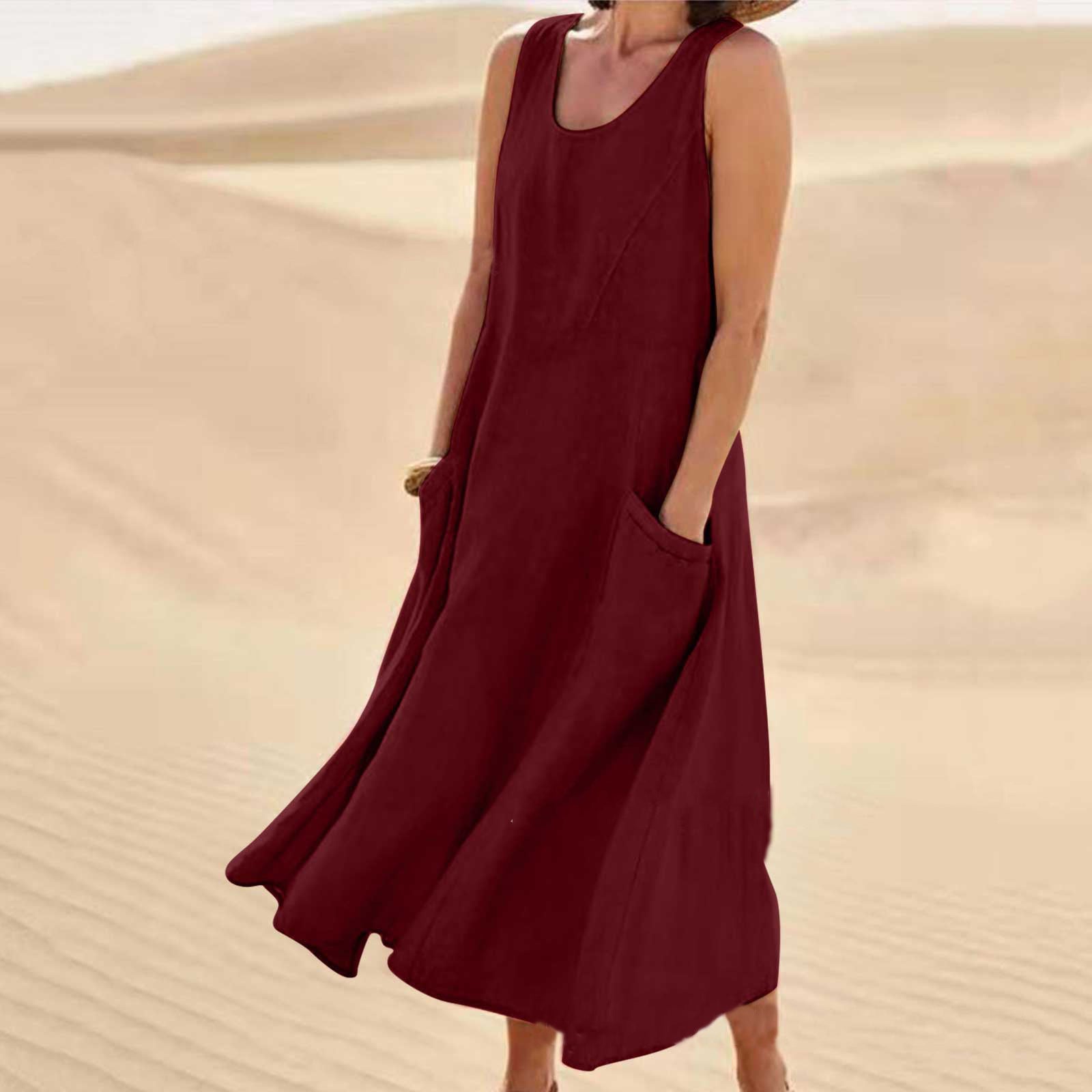 Amazon independent station wish2023 summer European and American foreign trade pocket sleeveless round neck women's cotton and linen dress