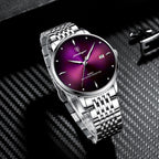 Men's Purple Dial Quartz Watch - Waterproof, Steel Strap