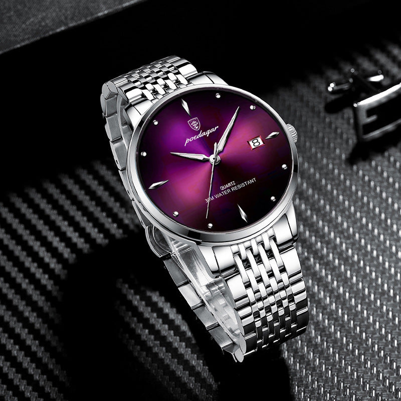 Men's Purple Dial Quartz Watch - Waterproof, Steel Strap