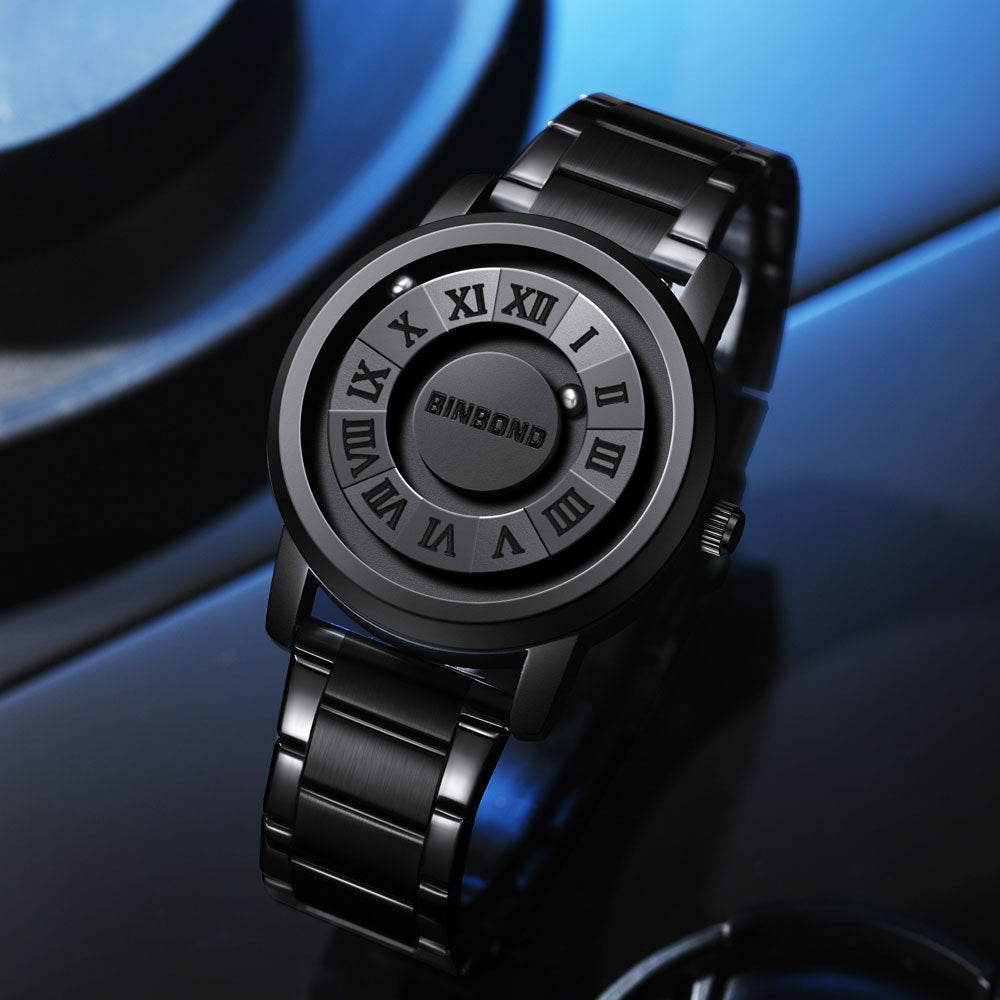 Men's Black Rotating Dial Watch - Steel Strap
