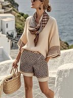 2026 European and American New Style Striped Casual V-neck T-shirt and Linen-style Set with Loose Shorts