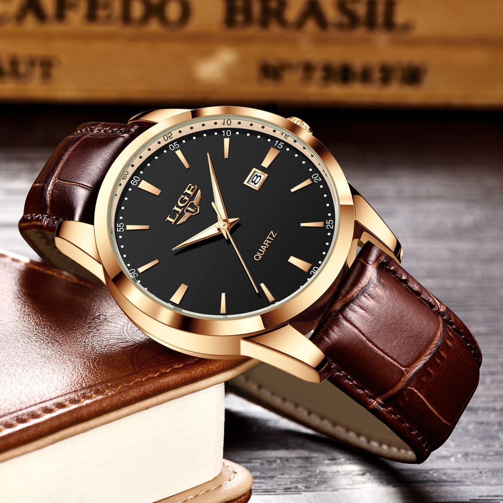 Men's Three-Hand Quartz Watch - Leather Strap, Waterproof