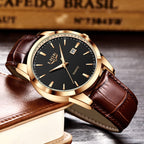 Men's Three-Hand Quartz Watch - Leather Strap, Waterproof