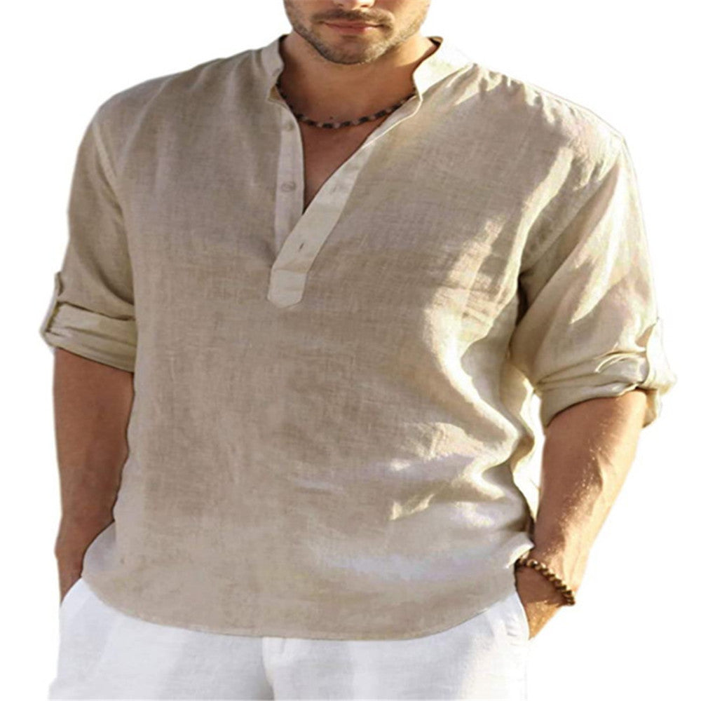 Men's Cotton Linen Long Sleeve Stand Collar Shirt | Aladinae