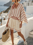 2026 European and American New Style Striped Casual V-neck T-shirt and Linen-style Set with Loose Shorts