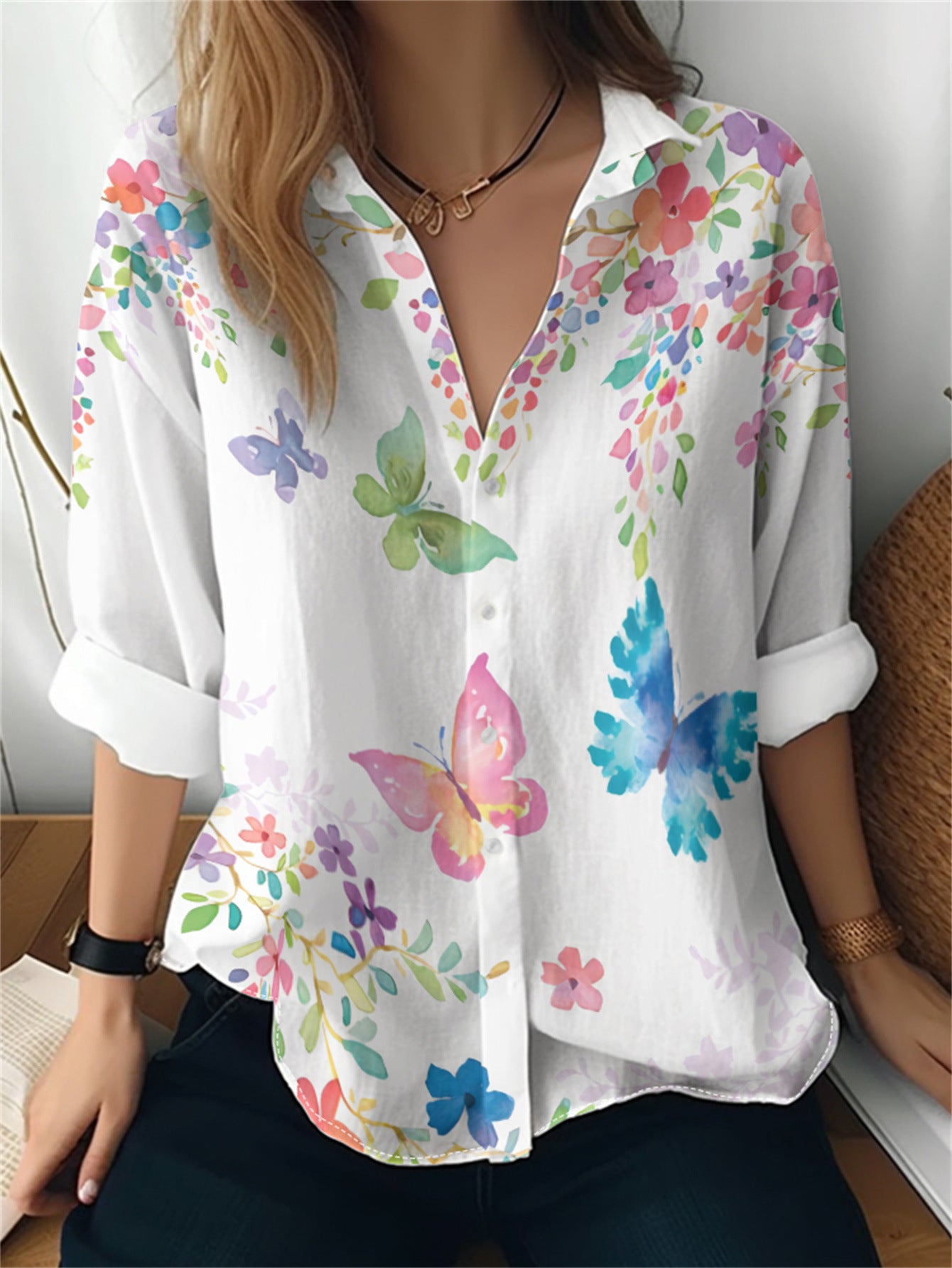 Cat cross-border Amazon European and American women's 3D printed floral pattern long-sleeved shirt women's fashion tops