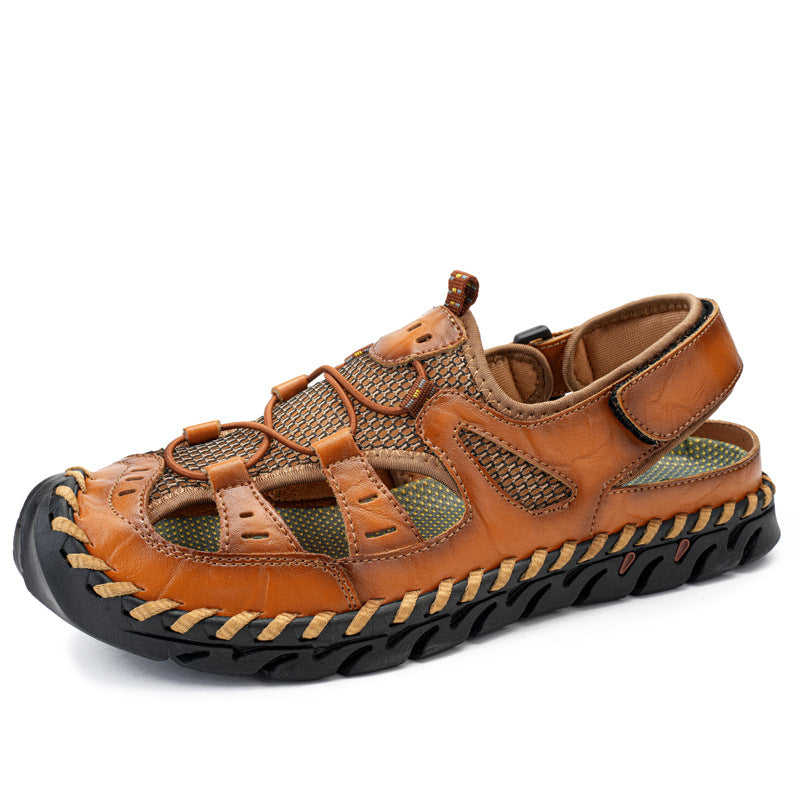 Cross-border foreign trade men's handmade Velcro beach sandals men's summer leisure outdoor real cowhide mesh breathable shoes
