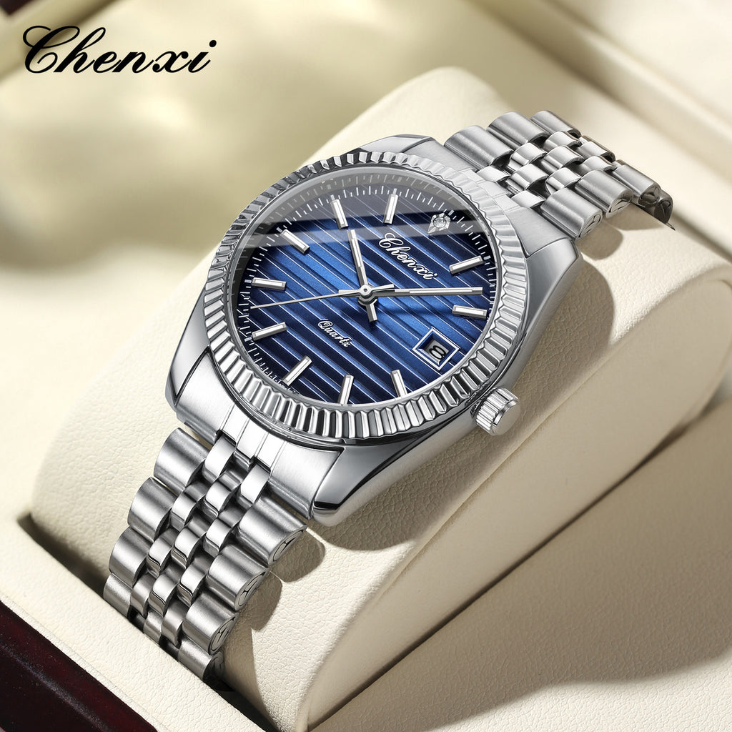 Men's Silver White Dial Quartz Watch - Calendar, Waterproof