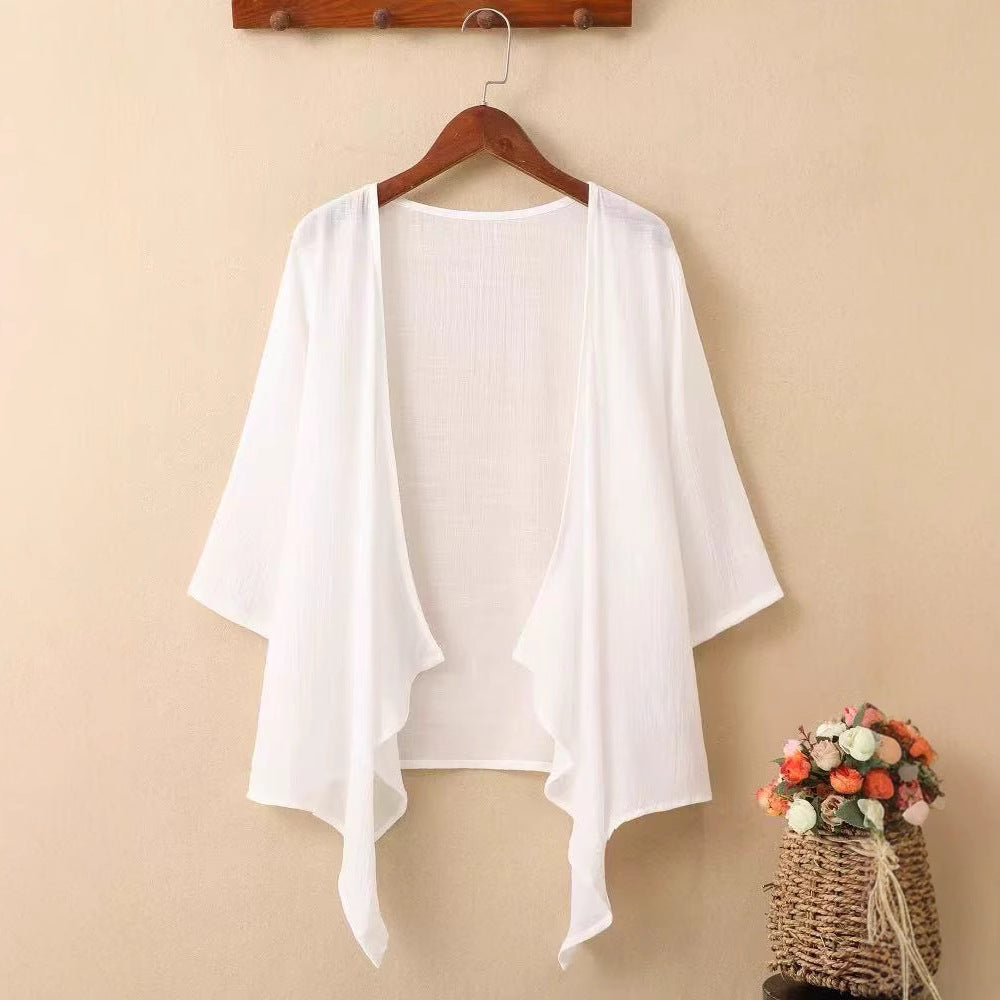 Summer thin bamboo cotton sun protection cardigan for women, solid color, versatile outerwear, shawl, three-quarter sleeve linen cover-up jacket