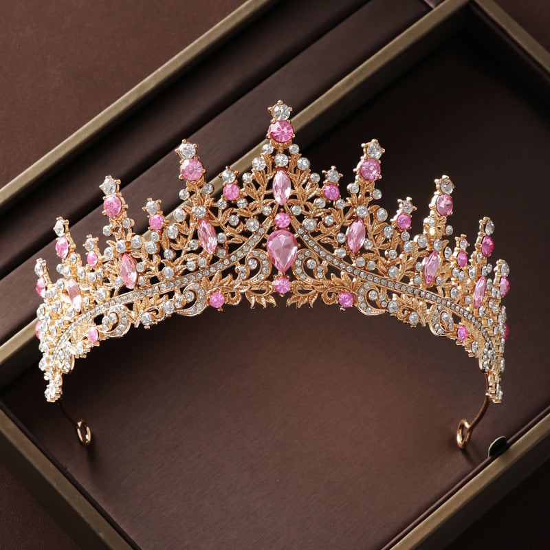 Crown headpiece necklace earrings champagne vintage pink diamond birthday crown hair accessories bride wedding dress three-piece set