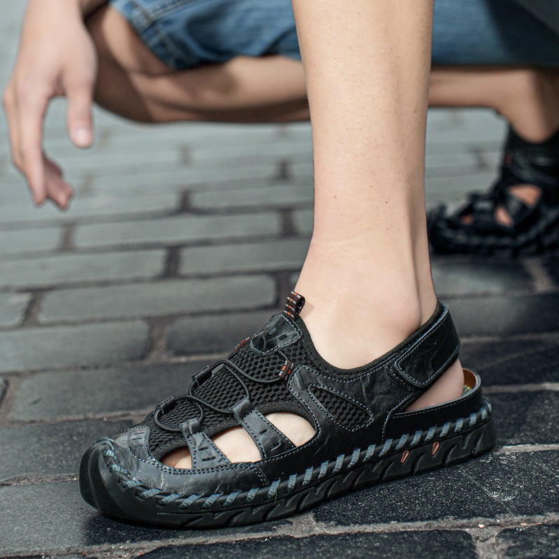 Cross-border foreign trade men's handmade Velcro beach sandals men's summer leisure outdoor real cowhide mesh breathable shoes