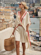 2026 European and American New Style Striped Casual V-neck T-shirt and Linen-style Set with Loose Shorts