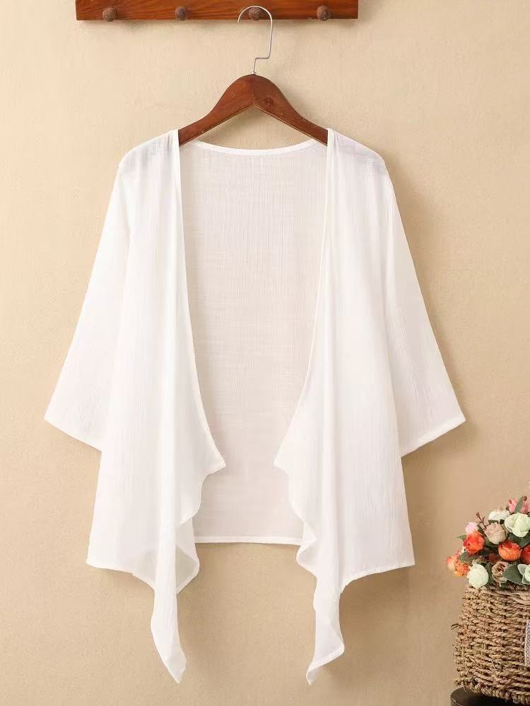 Summer thin bamboo cotton sun protection cardigan for women, solid color, versatile outerwear, shawl, three-quarter sleeve linen cover-up jacket